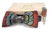 Pheasant greenish orange accents Feather Bow Tie & Lapel pin set - Mandujour