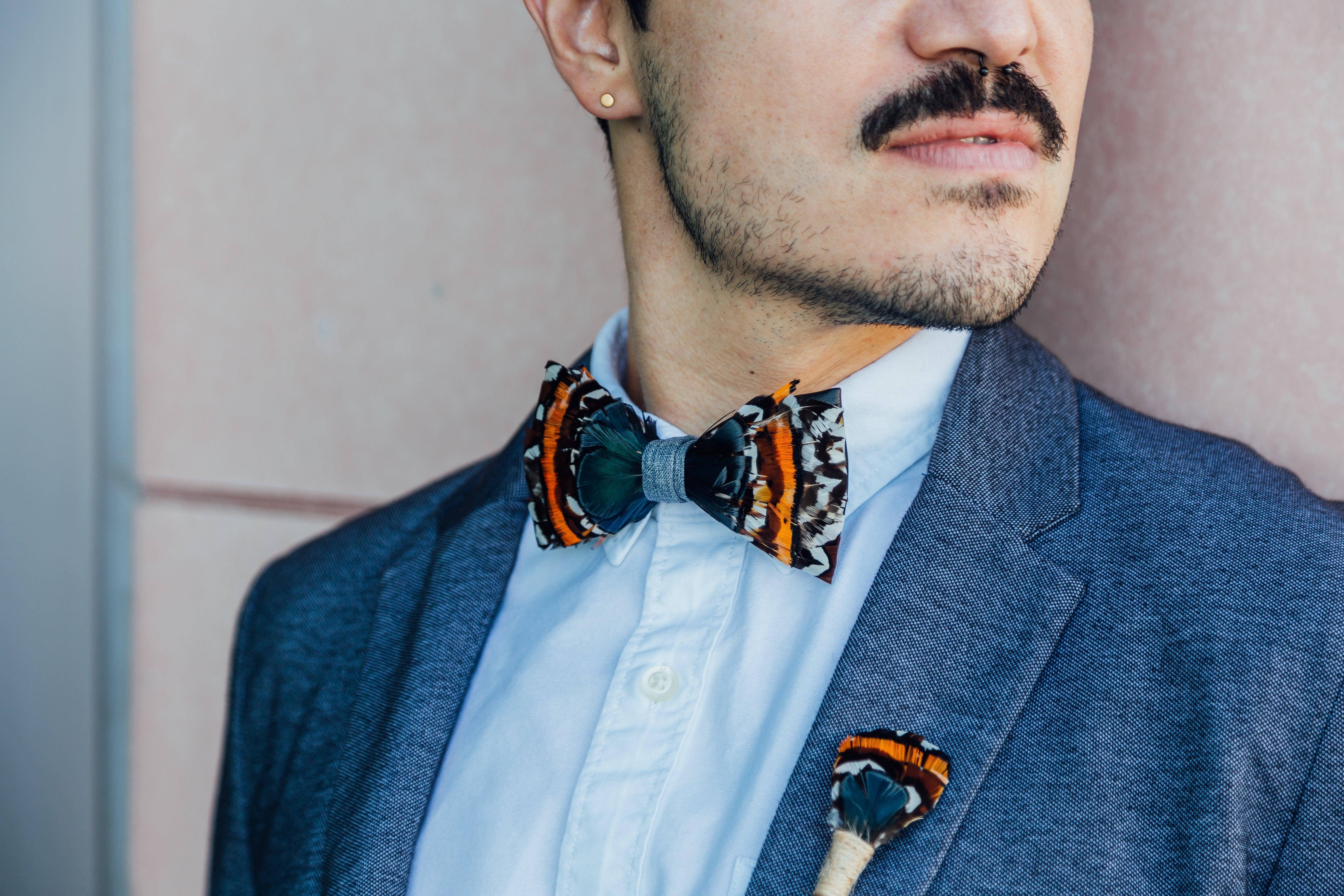 Cerulean Blue, Brown and Beige Mixed high quality Feather Bow Tie & Pin Set