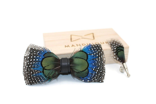 Polka dot Pheasant Feathers Bow Ties lapel Pin Set - Mandujour Handmade - Mandujour