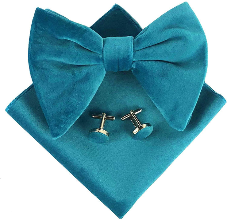 Pre-Tied Oversized Velvet Bow Tie Cufflinks & Pocket Square Combo Set perfect gift - Mandujour