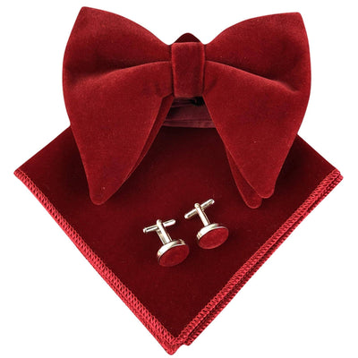 Pre-Tied Oversized Velvet Bow Tie Cufflinks & Pocket Square Combo Set perfect gift - Mandujour