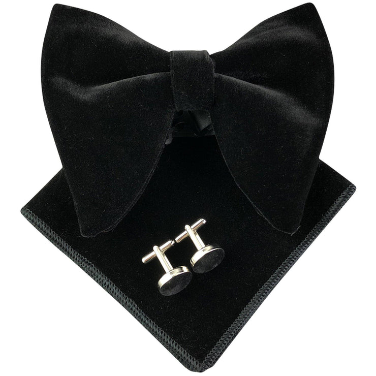 Pre-Tied Oversized Velvet Bow Tie Cufflinks & Pocket Square Combo Set perfect gift - Mandujour