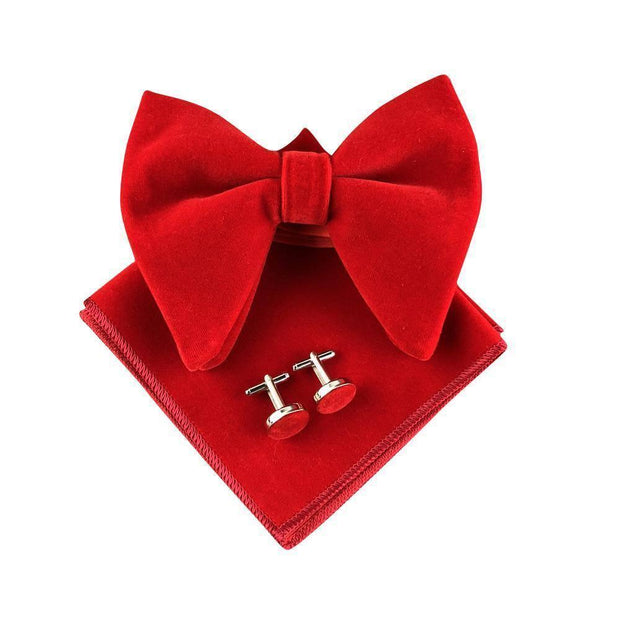 Pre-Tied Oversized Velvet Bow Tie Cufflinks & Pocket Square Combo Set perfect gift - Mandujour