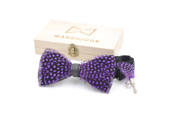 Purple and black Feather Bow tie & lapel pin set - Mandujour Handmade bow ties - Mandujour