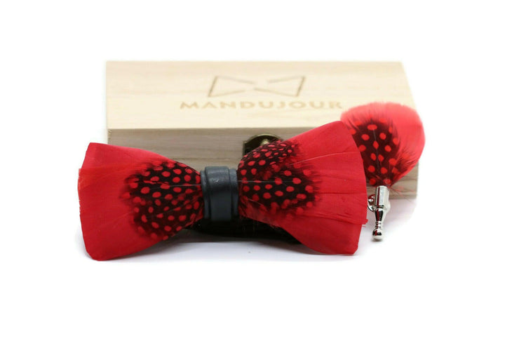Red Black Guinea Fowl Feather Bow tie & lapel pin set - Mandujour