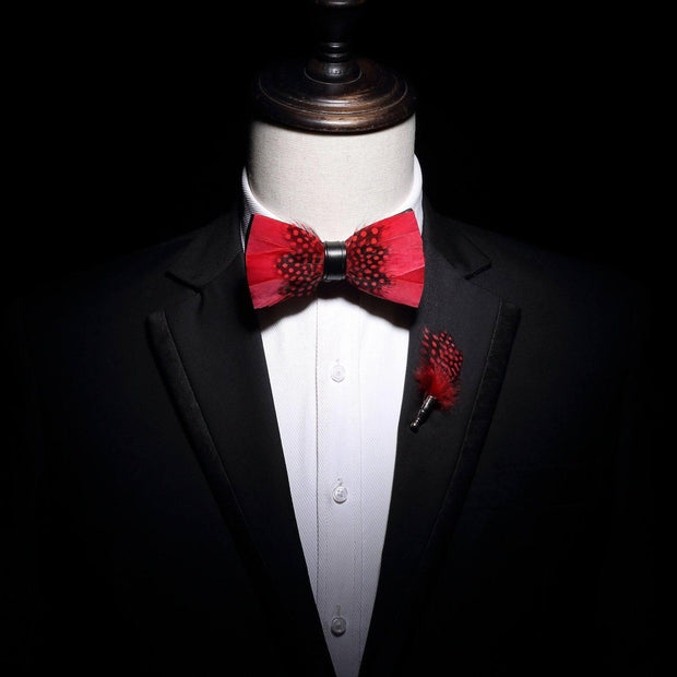 Red Black Guinea Fowl Feather Bow tie & lapel pin set - Mandujour