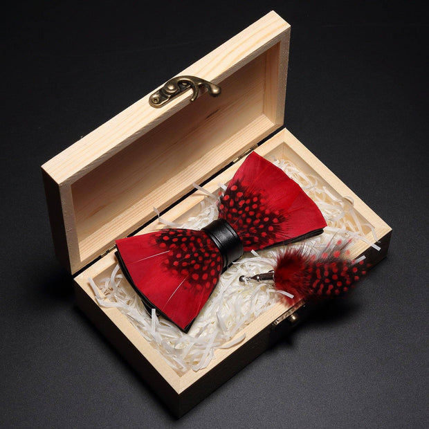 Red Black Guinea Fowl Feather Bow tie & lapel pin set - Mandujour