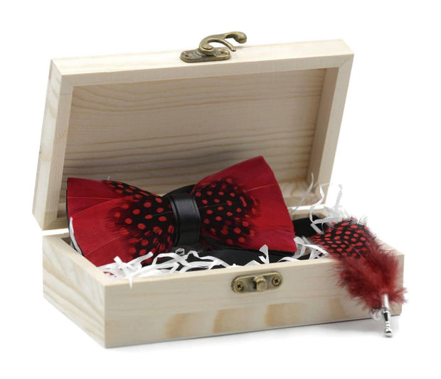 Red Black Guinea Fowl Feather Bow tie & lapel pin set - Mandujour