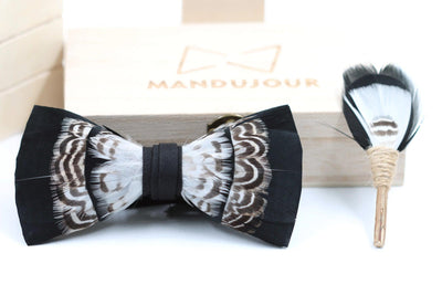 San Antonio Feather Bow Tie  with Feather Lapel Pin Set - Mandujour Handmade - Mandujour