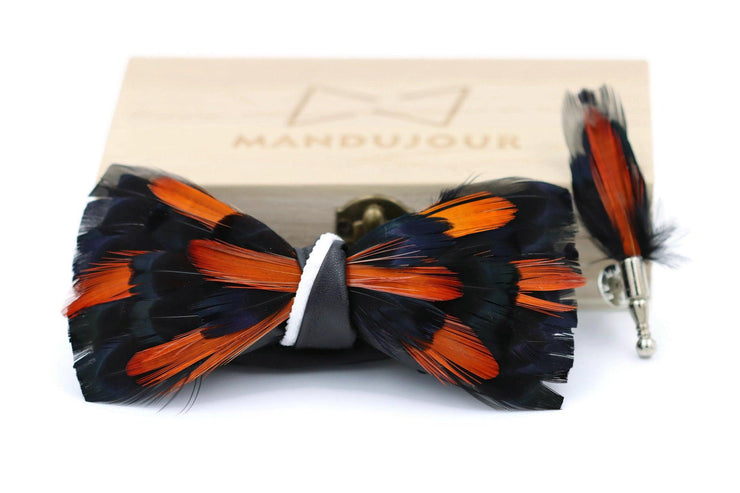 San Jose black and orange Feather Bow Tie  with Feather Lapel Pin Set - Mandujour Handmade - Mandujour