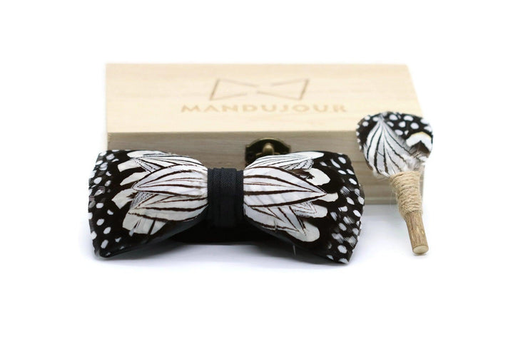 San Jose Polkadot Feather Bow Tie  with Feather Lapel Pin Set - Mandujour Handmade - Mandujour