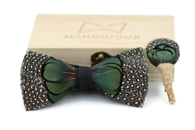Seattle Polka dot Green Pheasant Feathers Bow Ties lapel Pin Set - Mandujour Handmade - Mandujour