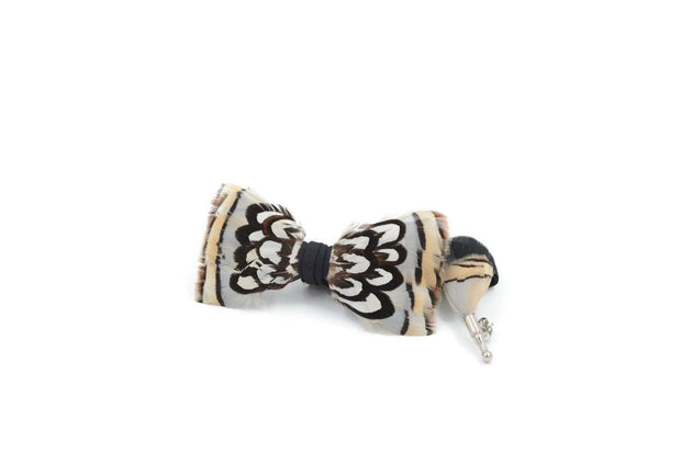 Tribal Guinea brown feather bow tie & lapel pin set - Mandujour