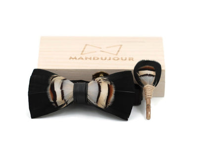 Turkey Black and Brown Feather Bow Tie & Lapel  Set - Mandujour handmade - Mandujour