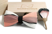 White Black Peach Feather Bow Tie and Lapel Pin set - Mandujour