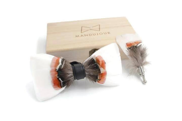 White Orange Pheasant Feather Bow Ties with Lapel Pin Set - Mandujour