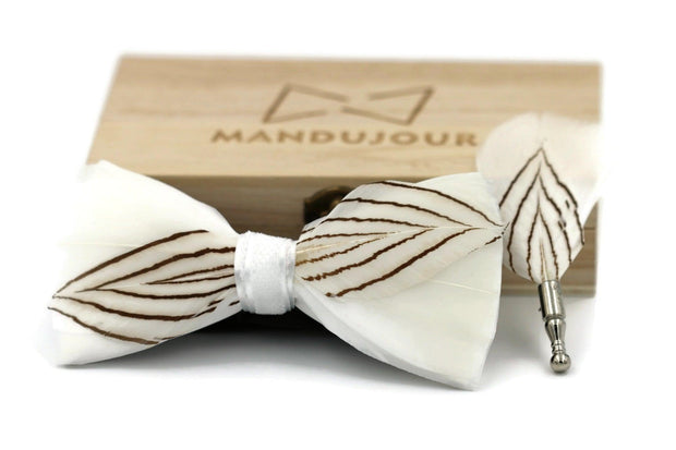White Silver Pheasant Feather Bow Ties lapel Pin Set - Mandujour