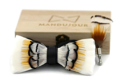 White Yellow Scaly-Sided Merganser Feather Bow Ties lapel Pin Set - Mandujour