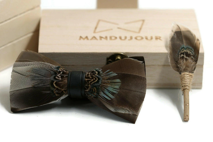 Wishful Brown and Gray Feather Bow Tie & Lapel Pin Set - Mandujour Handmade - Mandujour
