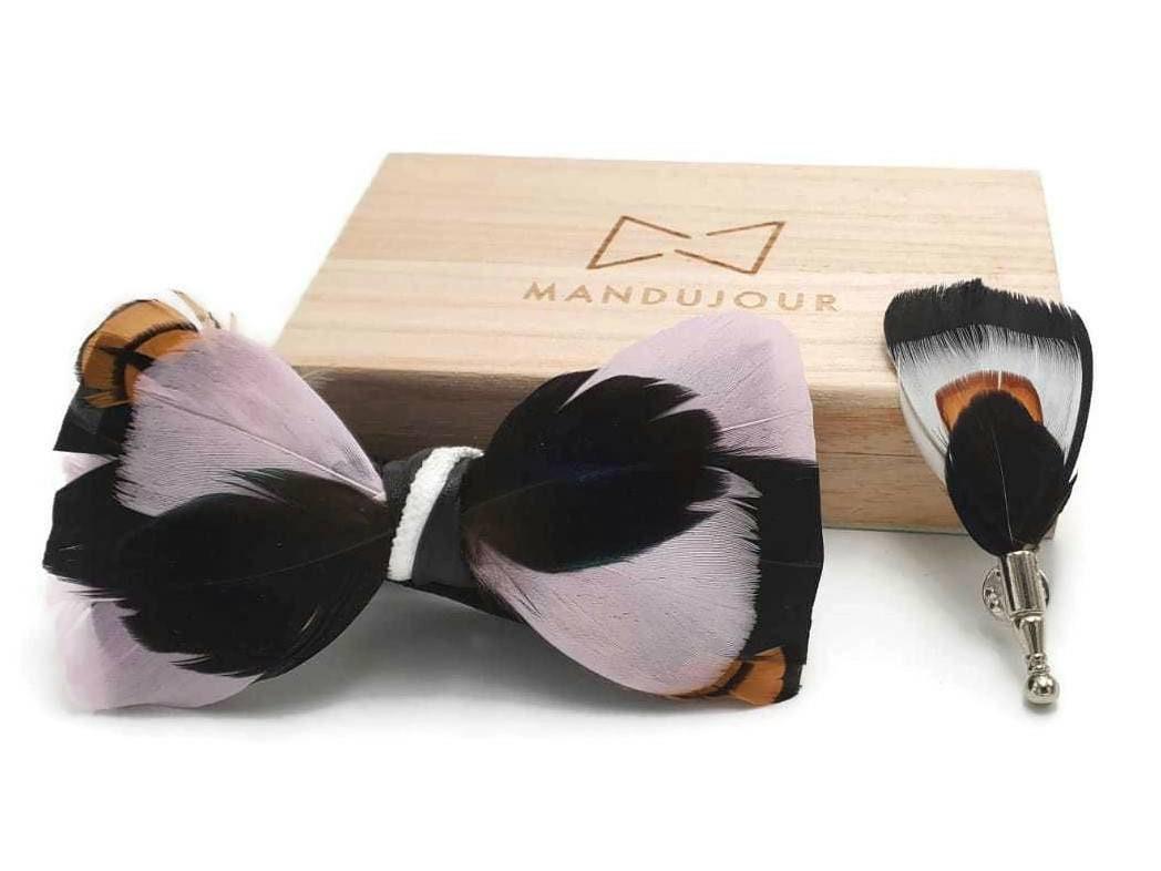 Wishful Pink Black Feather Bow Tie and Lapel Pin set - Mandujour Handmade gift for men - Mandujour