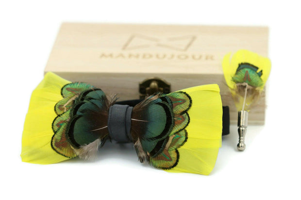 Yellow Greenish Pheasant Feather Bow Ties - Mandujour